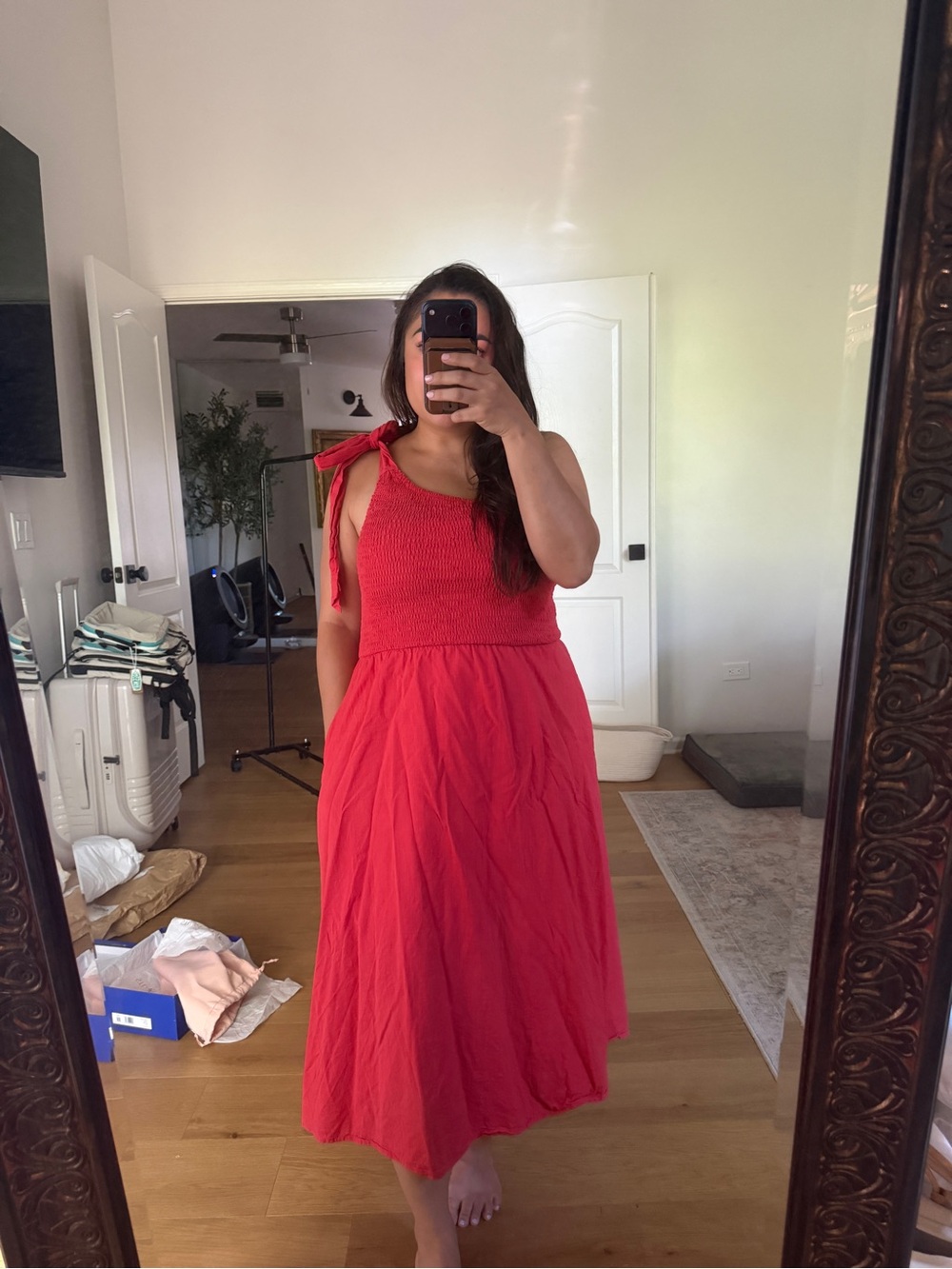 Linen Blend Red Tie One Shoulder Smocked Lined Midi Dress Womens Medium